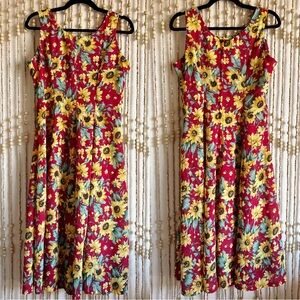 Vintage 90s Red Yellow Sunflower Shift A Line Cottage Whimsy Boho Midi Dress 6